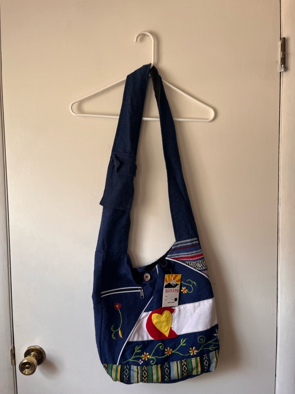 Rising International NWT Unisex Nepal Hobo Navy Crossbody Bag with Heart Patch